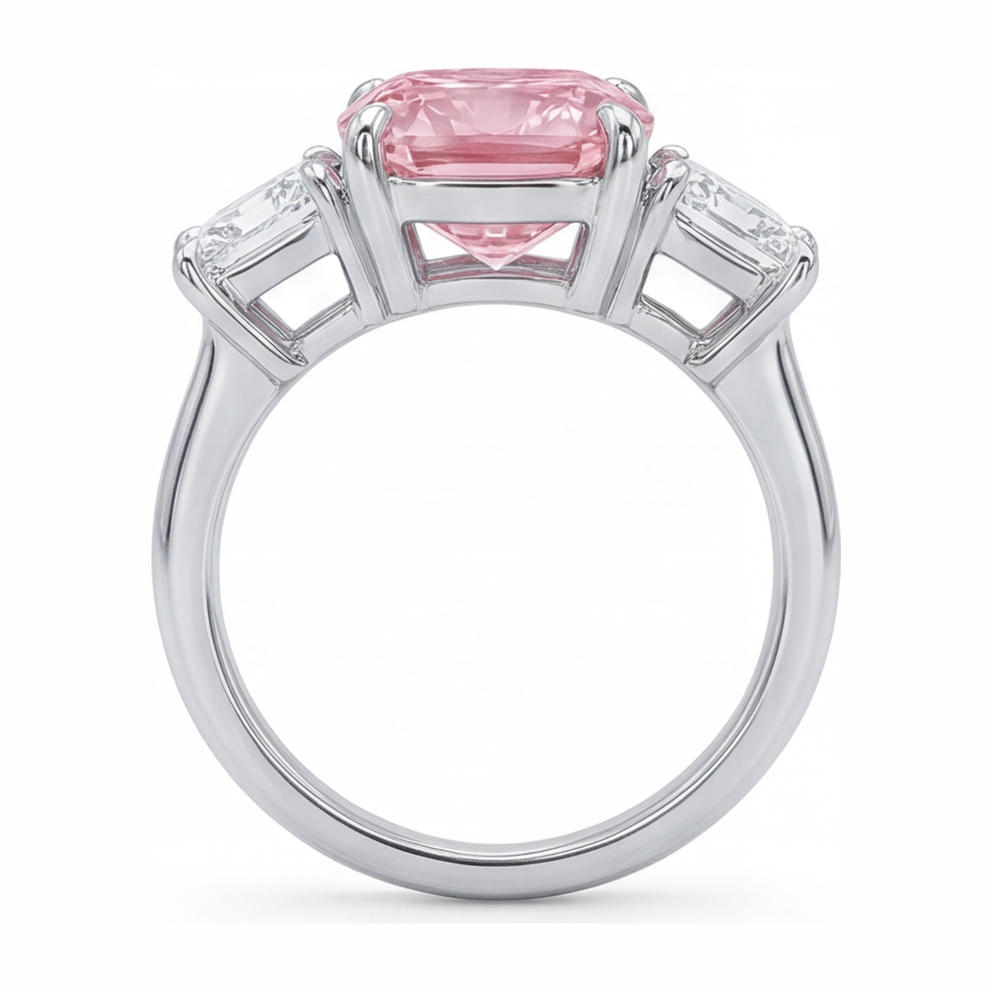 5.5 Carat Cushion Pink Lab Grown Diamond and White Diamond Three Stone Ring 14K White Gold