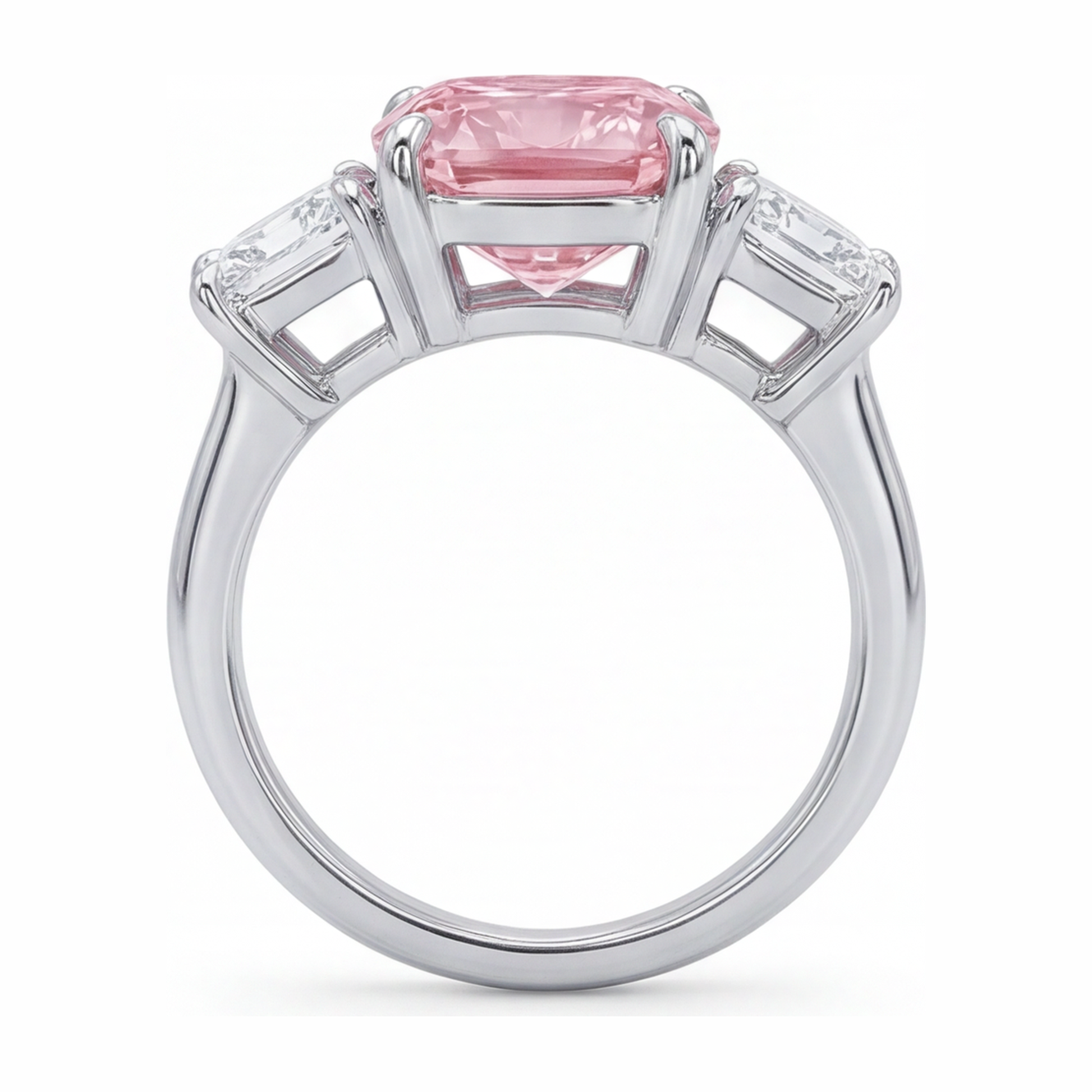5.5 Carat Cushion Pink Lab Grown Diamond and White Diamond Three Stone Ring 14K White Gold