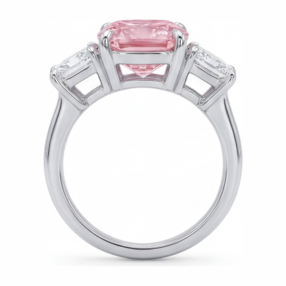 5.5 Carat Cushion Pink Lab Grown Diamond and White Diamond Three Stone Ring 14K White Gold