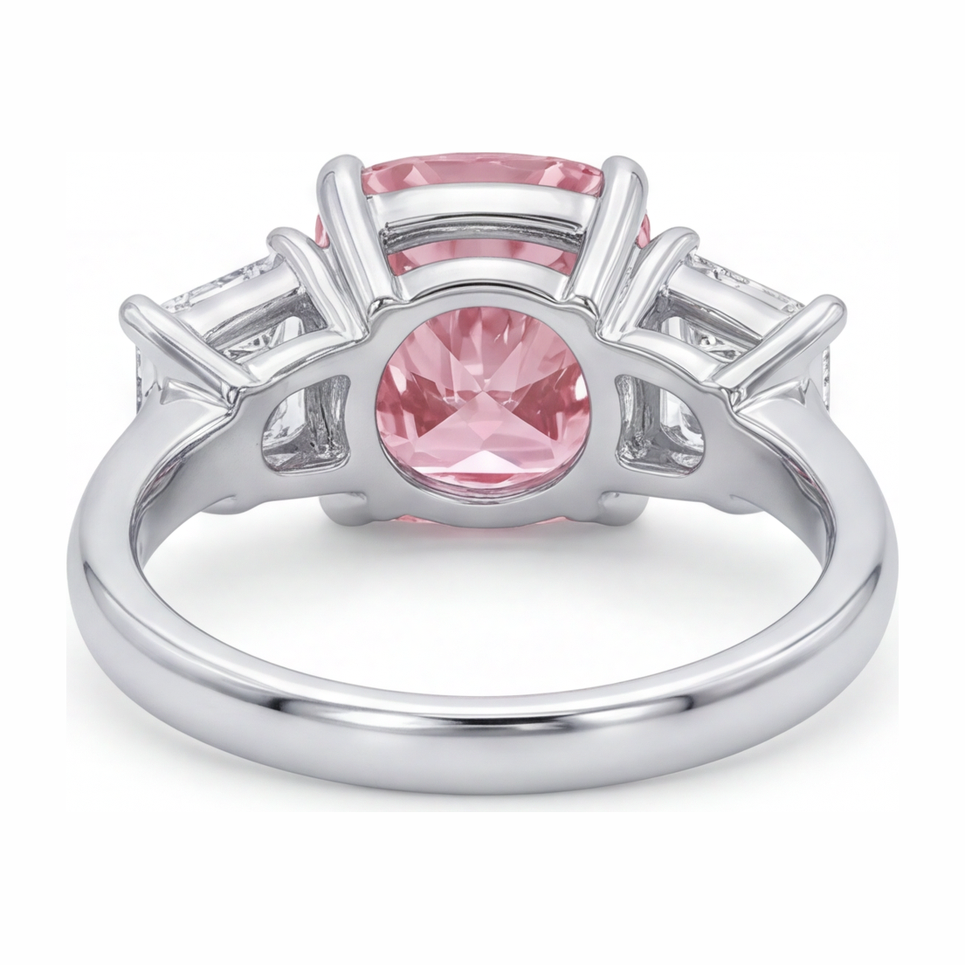 5.5 Carat Cushion Pink Lab Grown Diamond and White Diamond Three Stone Ring 14K White Gold