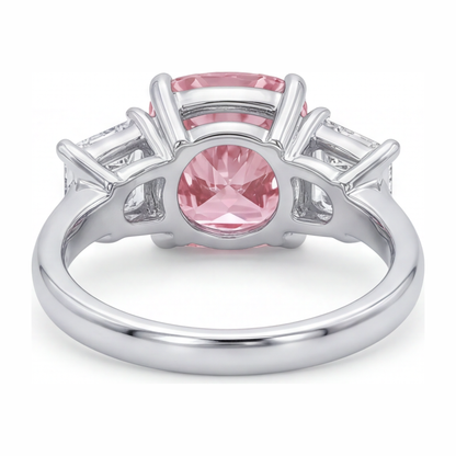 5.5 Carat Cushion Pink Lab Grown Diamond and White Diamond Three Stone Ring 14K White Gold