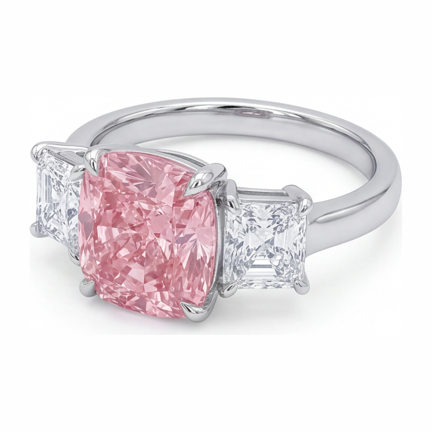 5.5 Carat Cushion Pink Lab Grown Diamond and White Diamond Three Stone Ring 14K White Gold