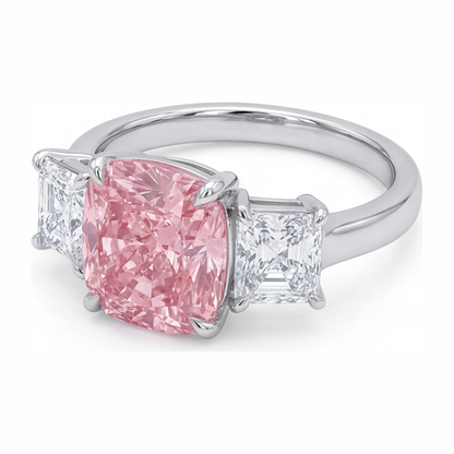 5.5 Carat Cushion Pink Lab Grown Diamond and White Diamond Three Stone Ring 14K White Gold