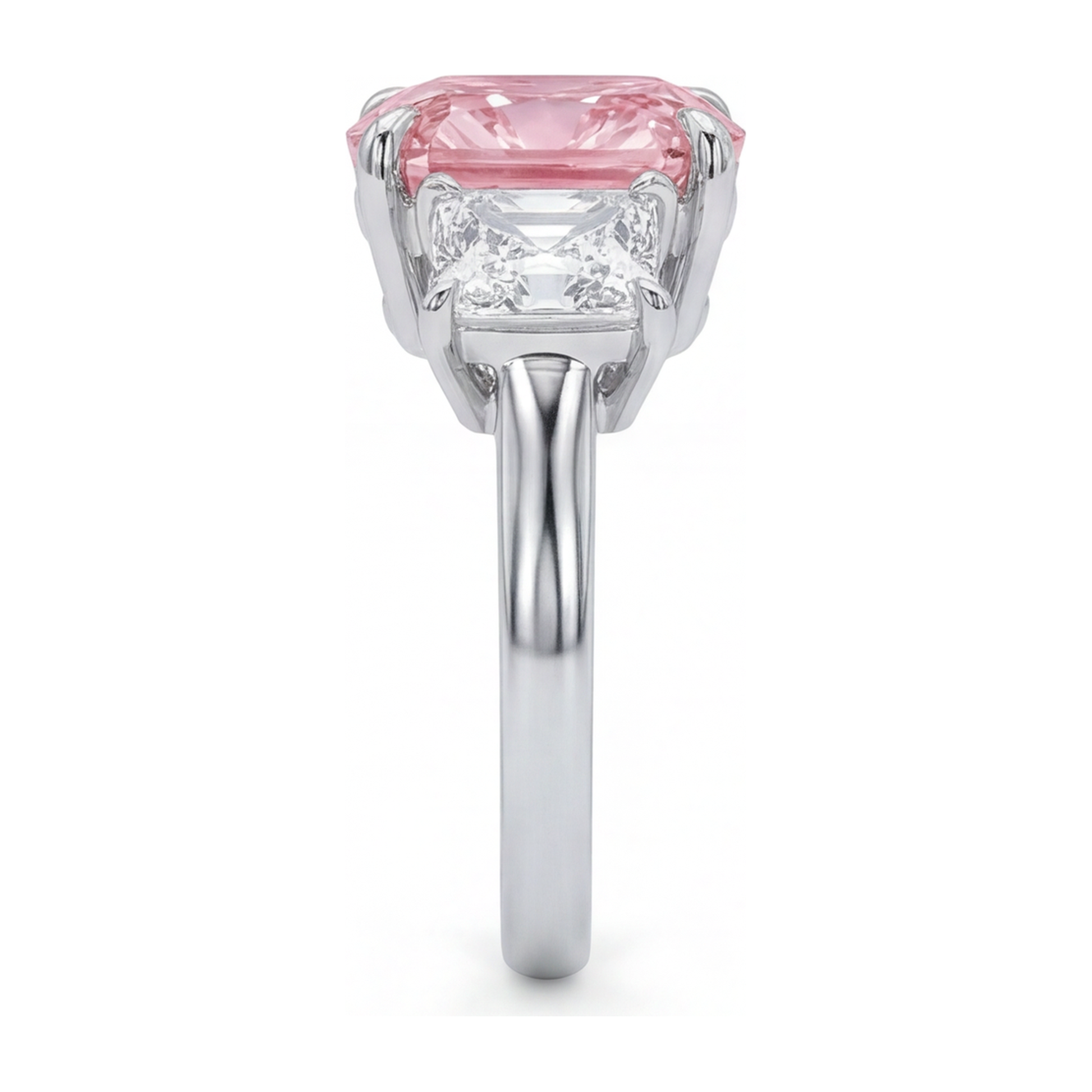 5.5 Carat Cushion Pink Lab Grown Diamond and White Diamond Three Stone Ring 14K White Gold