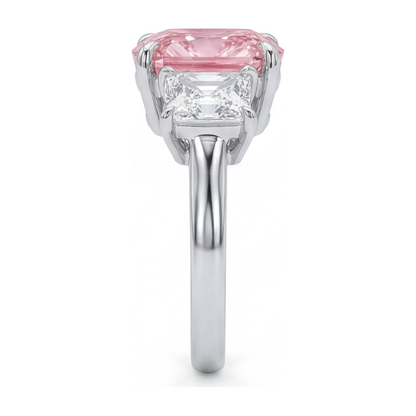 5.5 Carat Cushion Pink Lab Grown Diamond and White Diamond Three Stone Ring 14K White Gold
