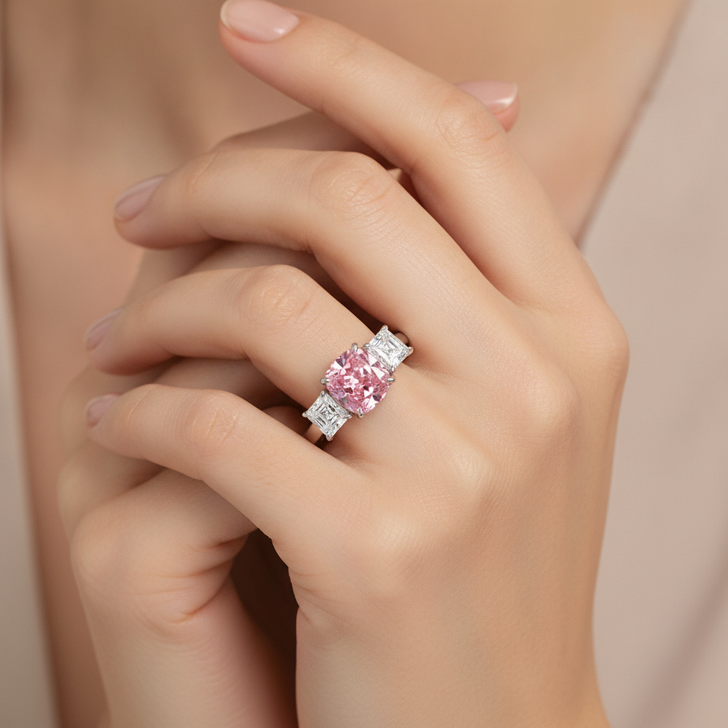 5.5 Carat Cushion Pink Lab Grown Diamond and White Diamond Three Stone Ring 14K White Gold worn