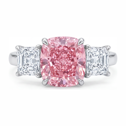 5.5 Carat Cushion Pink Lab Grown Diamond and White Diamond Three Stone Ring 14K White Gold