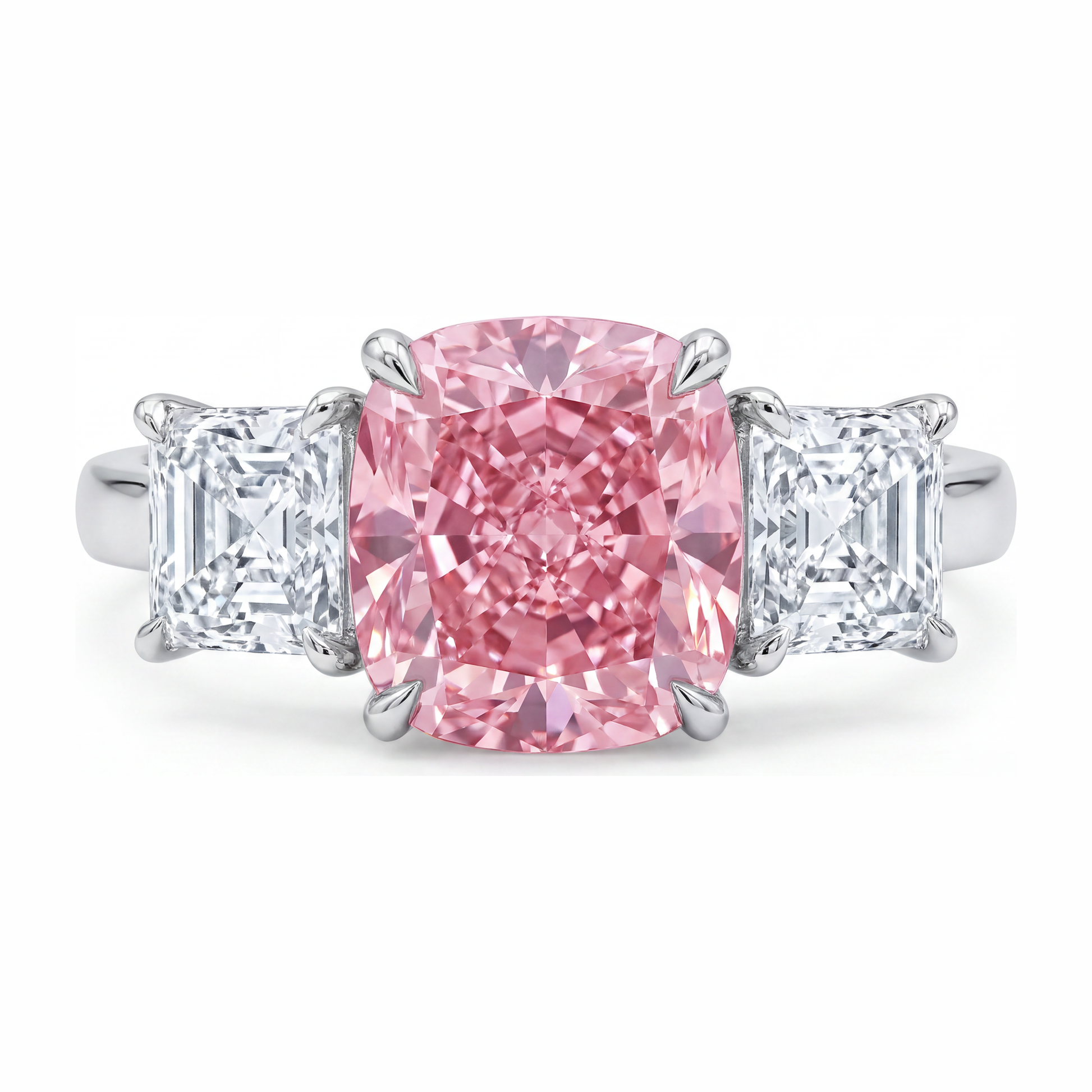 5.5 Carat Cushion Pink Lab Grown Diamond and White Diamond Three Stone Ring 14K White Gold
