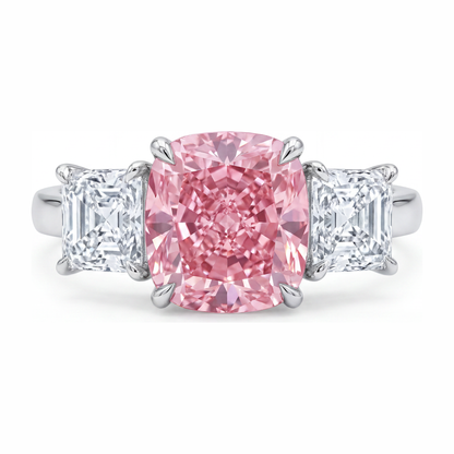 5.5 Carat Cushion Pink Lab Grown Diamond and White Diamond Three Stone Ring 14K White Gold