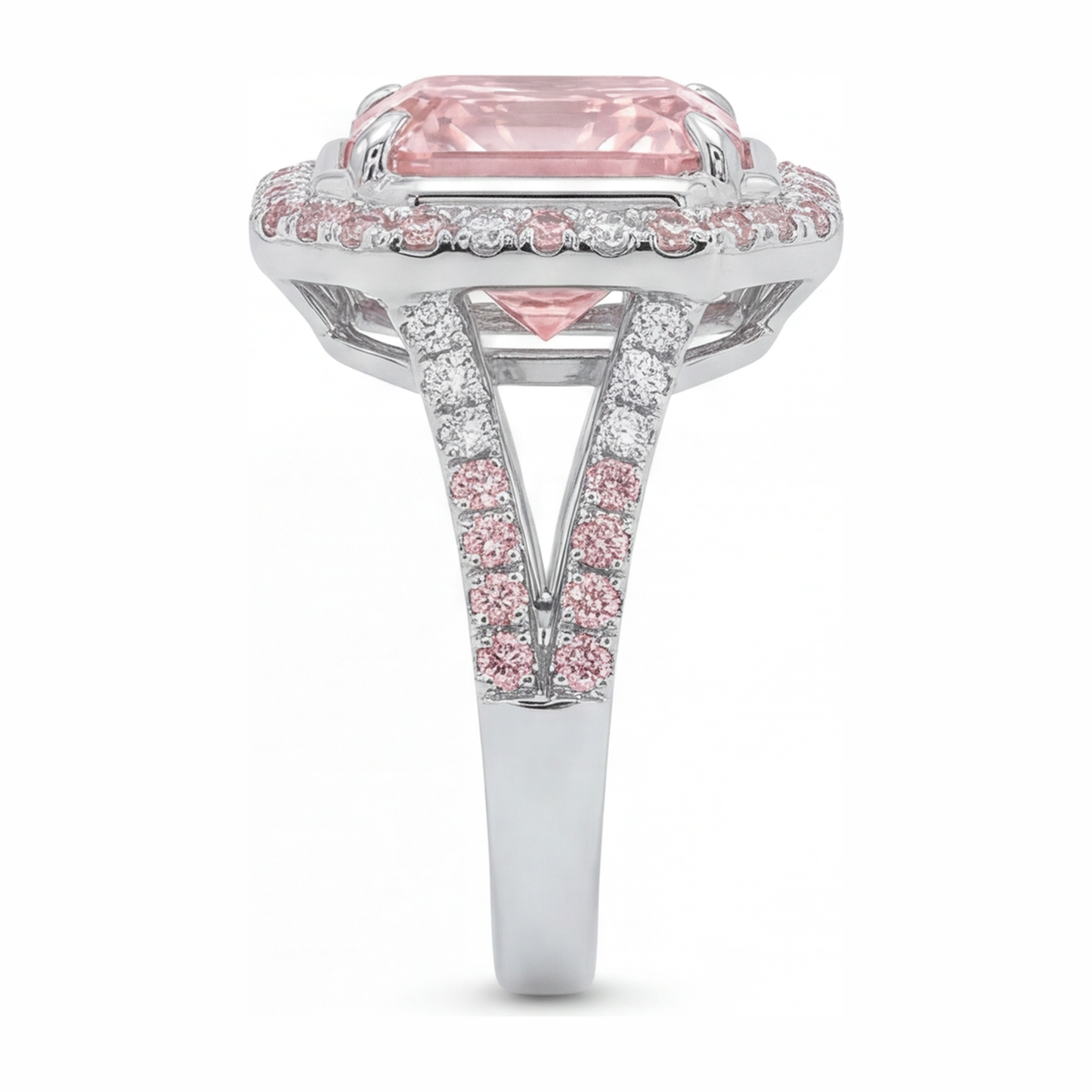 5.5 Carat Radiant Pink Lab Grown Diamond and White Diamond Halo Ring 14K White Gold