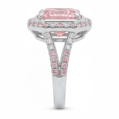 5.5 Carat Radiant Pink Lab Grown Diamond and White Diamond Halo Ring 14K White Gold