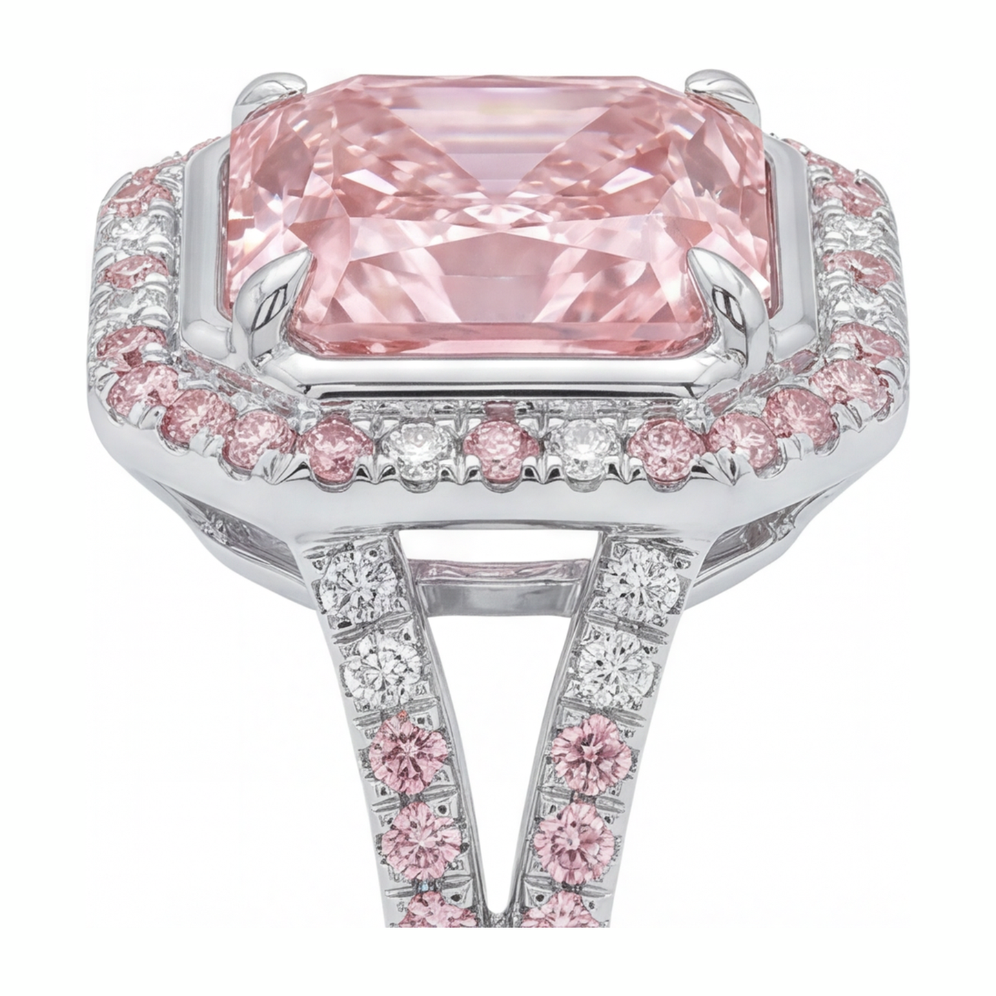 5.5 Carat Radiant Pink Lab Grown Diamond and White Diamond Halo Ring 14K White Gold