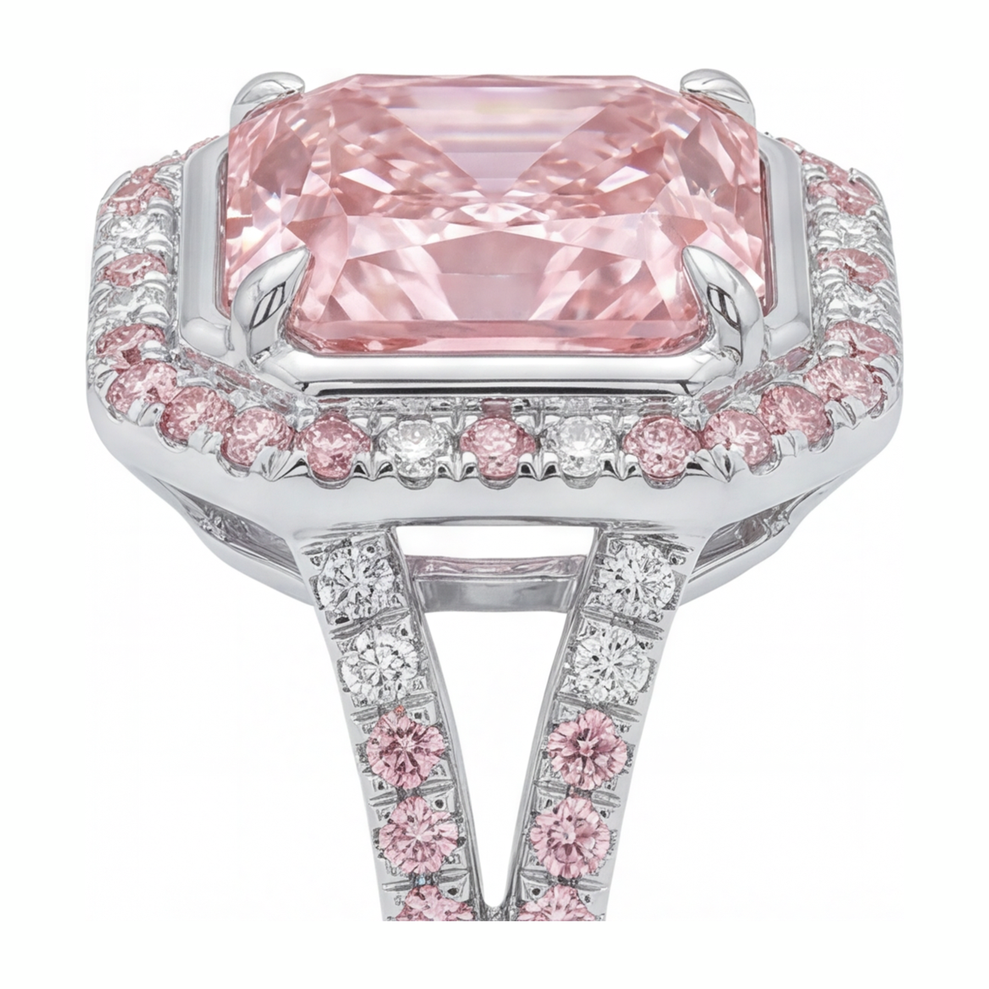 5.5 Carat Radiant Pink Lab Grown Diamond and White Diamond Halo Ring 14K White Gold