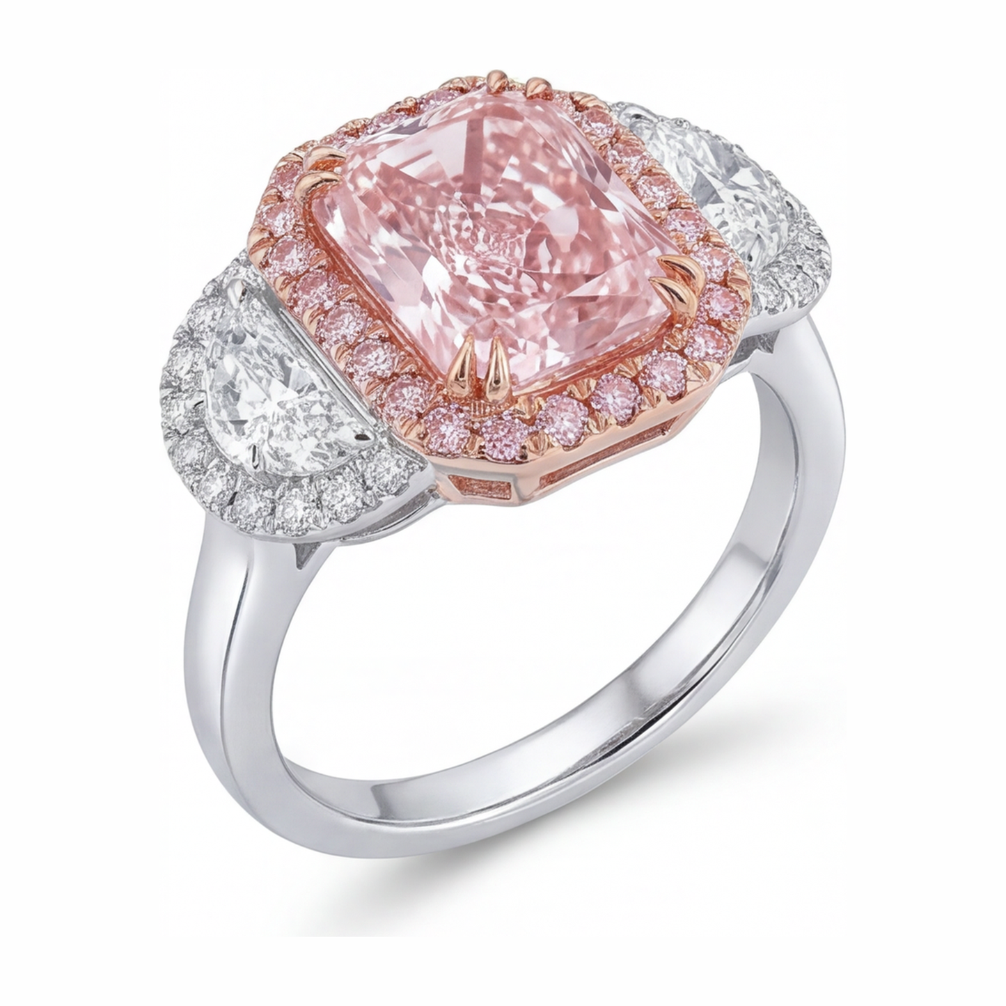 5.5 Carat Radiant Pink Lab Grown Diamond and White Diamond Halo Ring 14K White Gold
