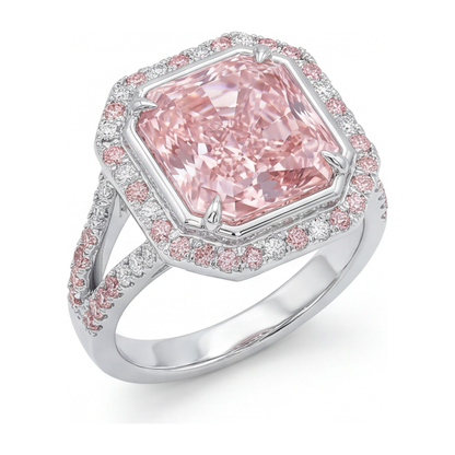 5.5 Carat Radiant Pink Lab Grown Diamond and White Diamond Halo Ring 14K White Gold