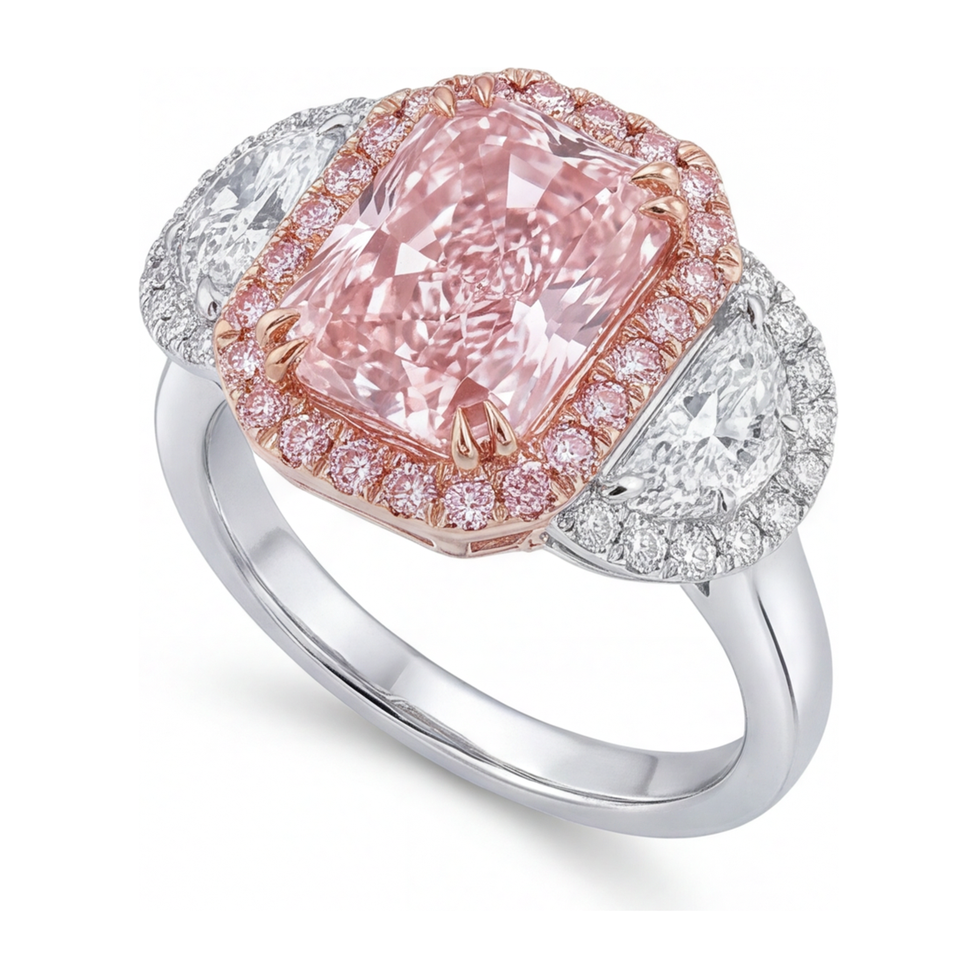 5.5 Carat Radiant Pink Lab Grown Diamond and White Diamond Halo Ring 14K White Gold