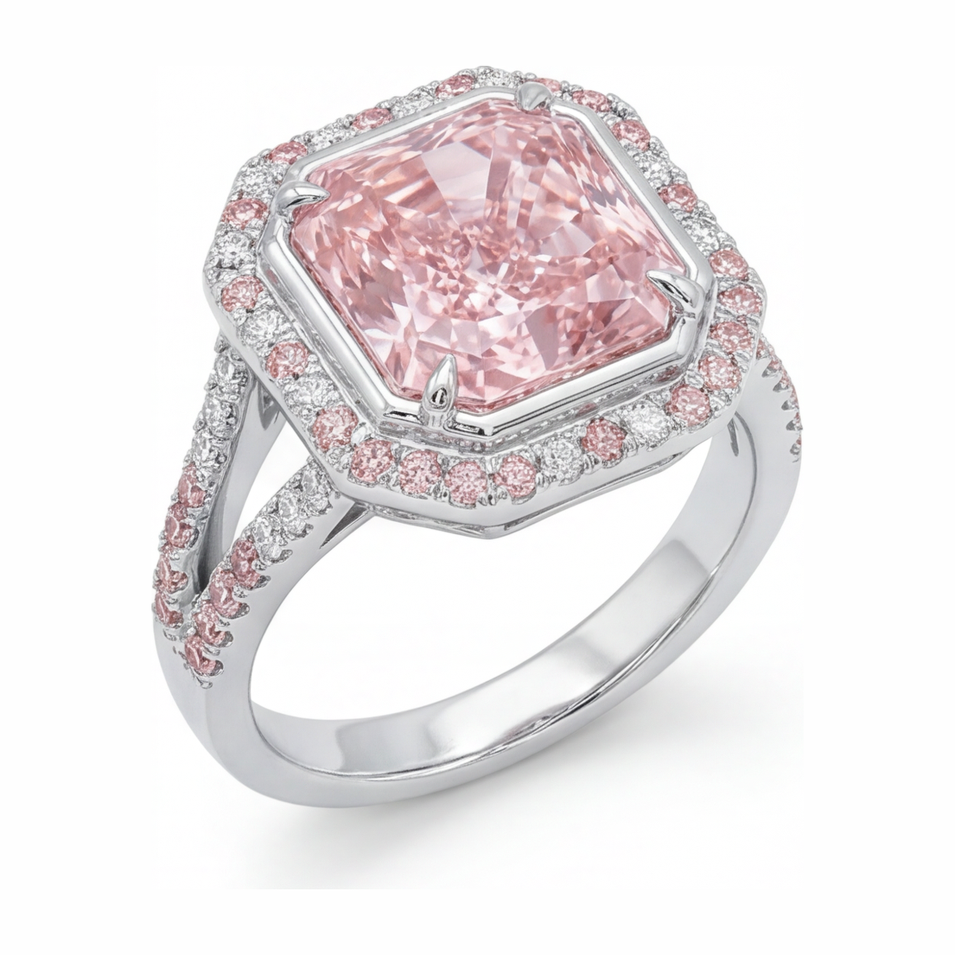 5.5 Carat Radiant Pink Lab Grown Diamond and White Diamond Halo Ring 14K White Gold