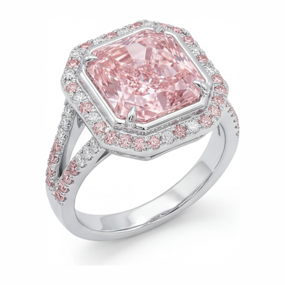 5.5 Carat Radiant Pink Lab Grown Diamond and White Diamond Halo Ring 14K White Gold