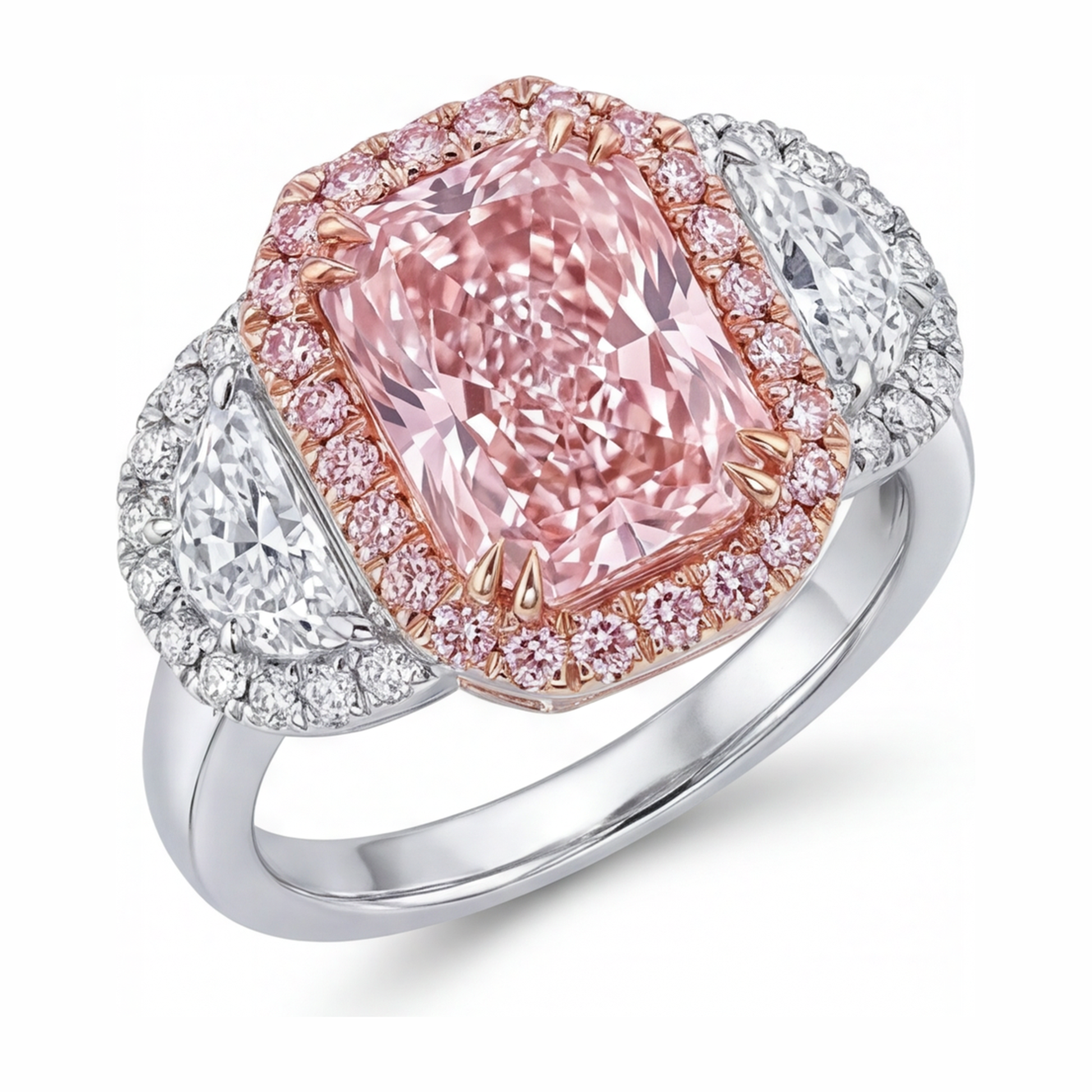 5.5 Carat Radiant Pink Lab Grown Diamond and White Diamond Halo Ring 14K White Gold