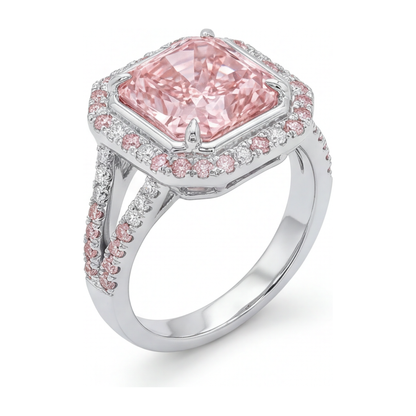 5.5 Carat Radiant Pink Lab Grown Diamond and White Diamond Halo Ring 14K White Gold