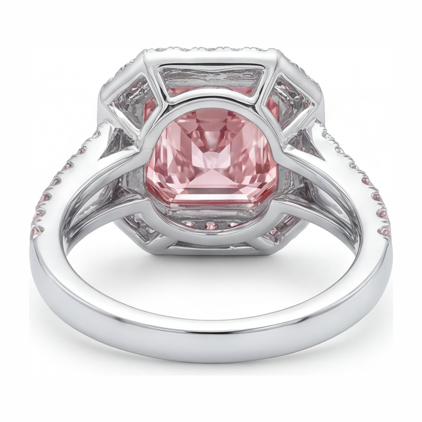 5.5 Carat Radiant Pink Lab Grown Diamond and White Diamond Halo Ring 14K White Gold