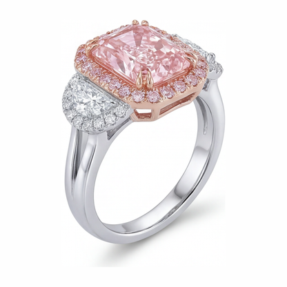 5.5 Carat Radiant Pink Lab Grown Diamond and White Diamond Halo Ring 14K White Gold