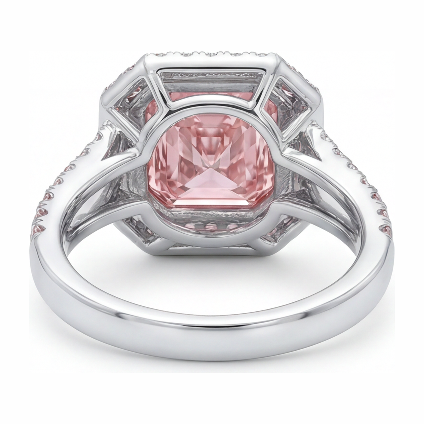 5.5 Carat Radiant Pink Lab Grown Diamond and White Diamond Halo Ring 14K White Gold