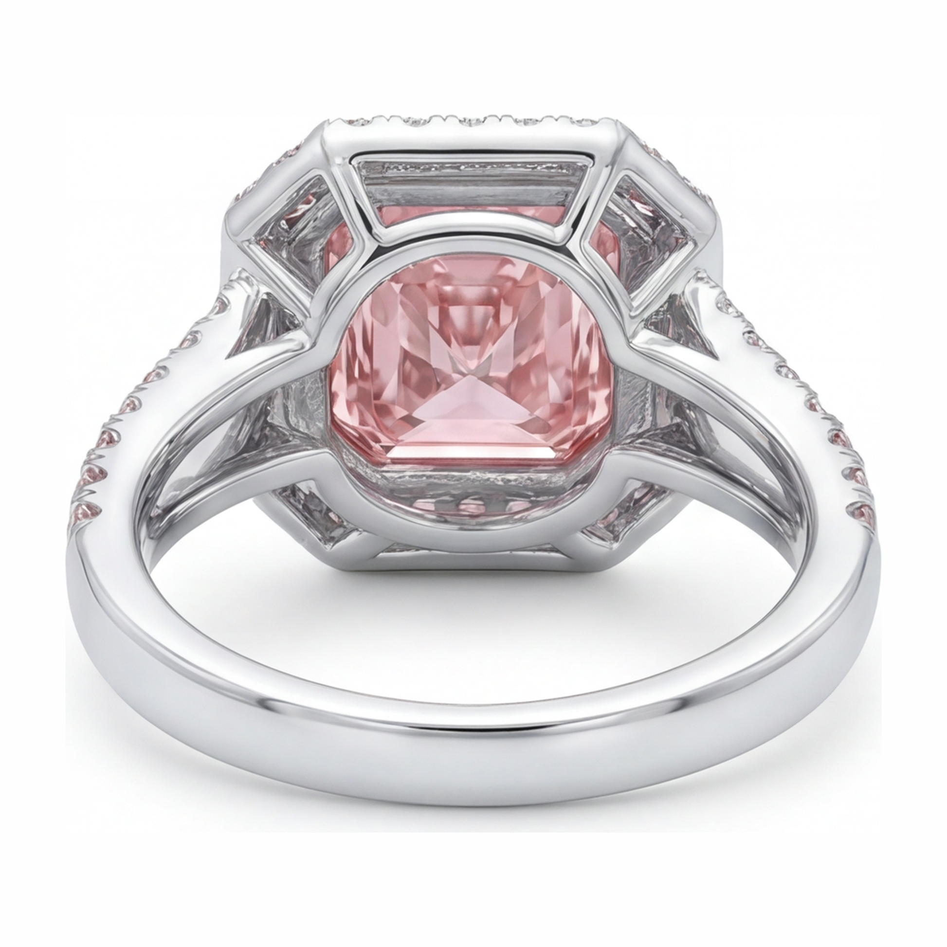 5.5 Carat Radiant Pink Lab Grown Diamond and White Diamond Halo Ring 14K White Gold