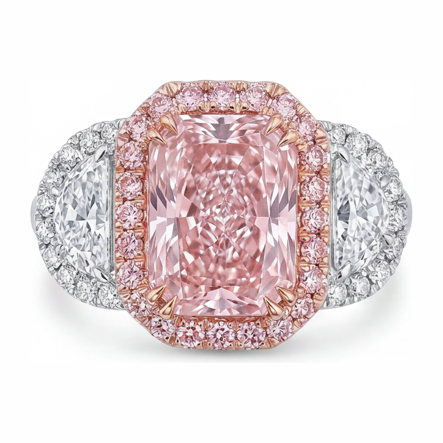 5.5 Carat Radiant Pink Lab Grown Diamond and White Diamond Halo Ring 14K White Gold