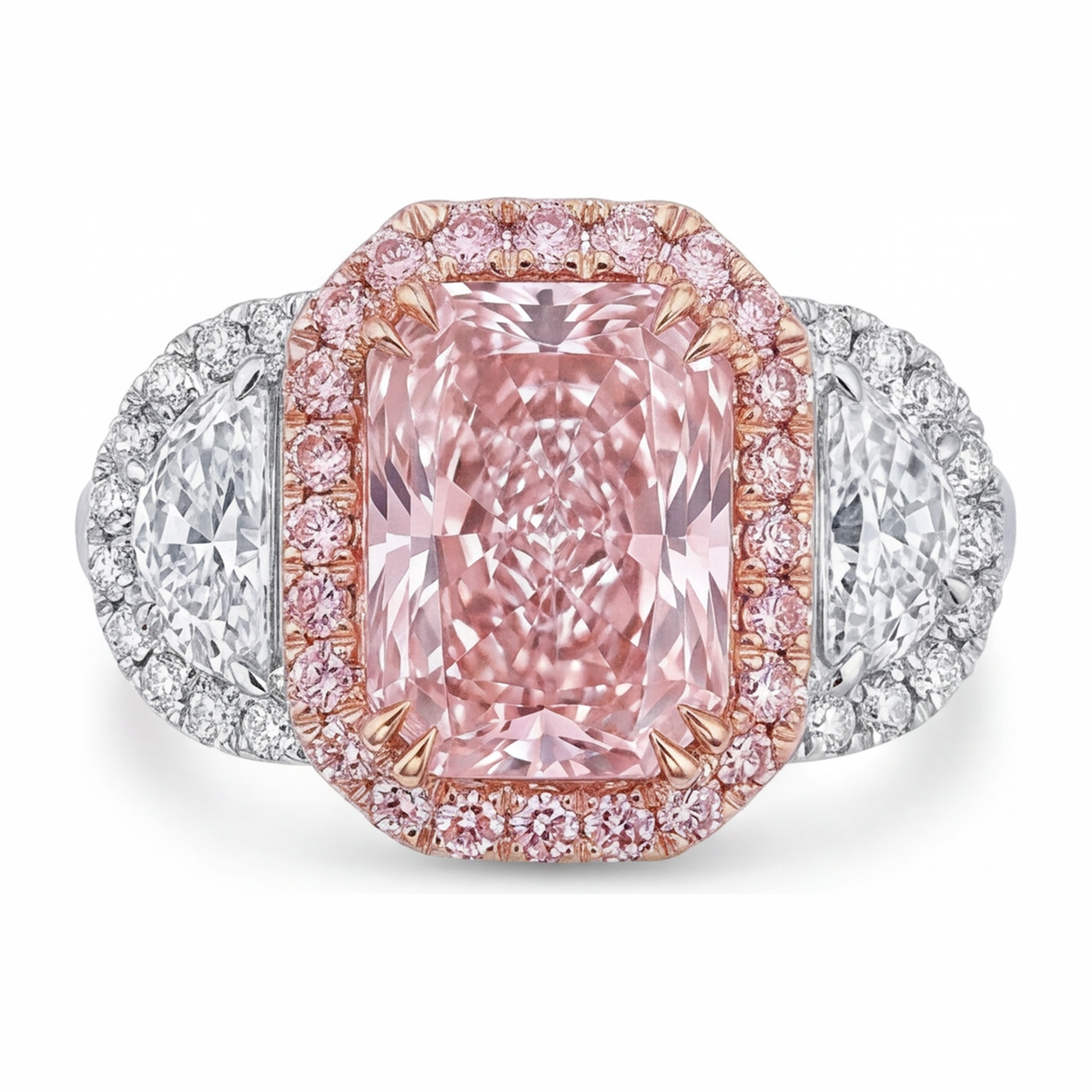 5.5 Carat Radiant Pink Lab Grown Diamond and White Diamond Halo Ring 14K White Gold