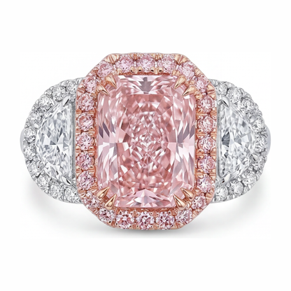 5.5 Carat Radiant Pink Lab Grown Diamond and White Diamond Halo Ring 14K White Gold