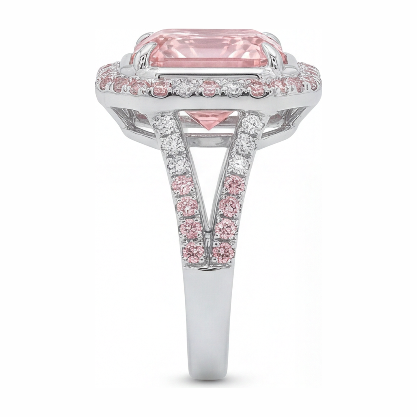 5.5 Carat Radiant Pink Lab Grown Diamond and White Diamond Halo Ring 14K White Gold