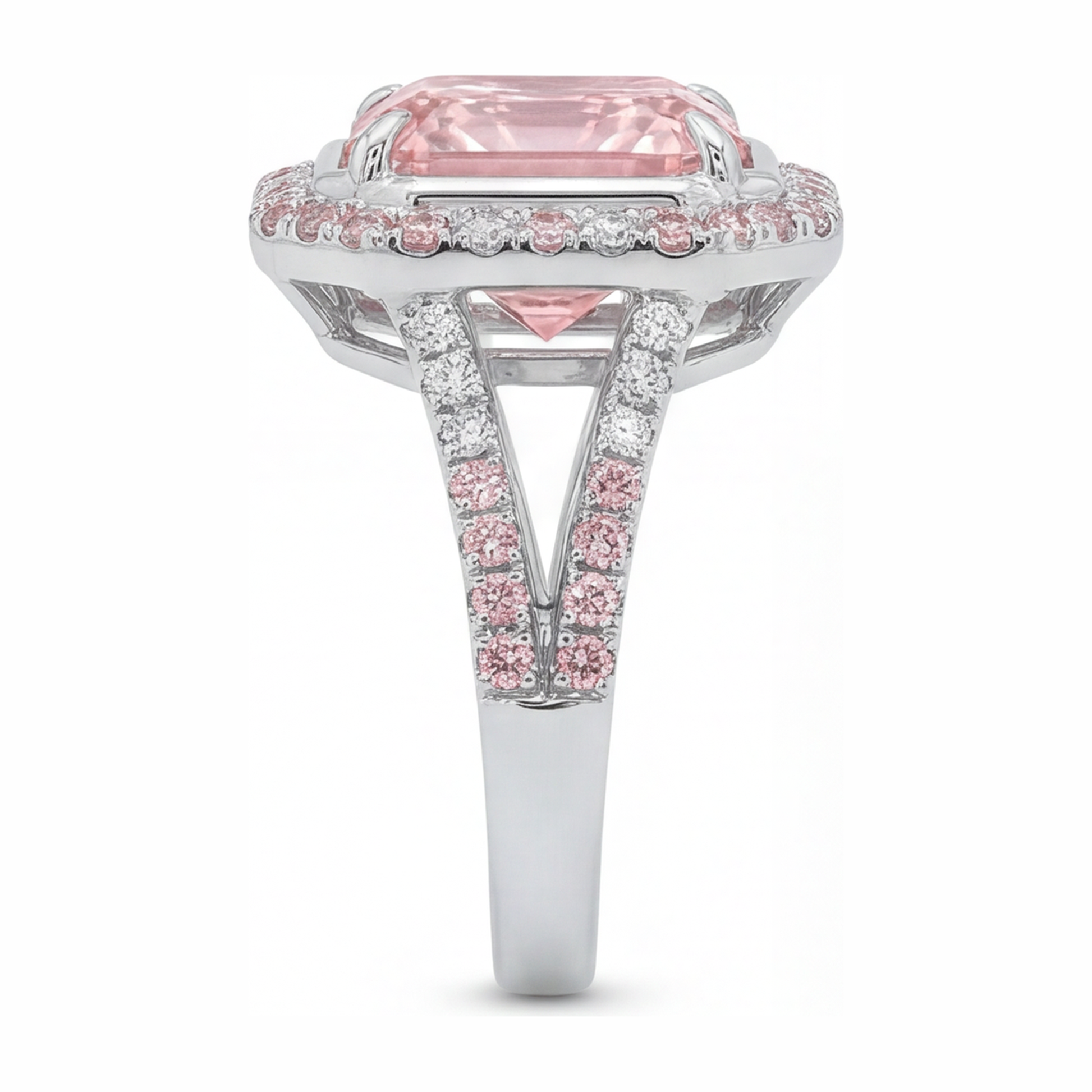 5.5 Carat Radiant Pink Lab Grown Diamond and White Diamond Halo Ring 14K White Gold