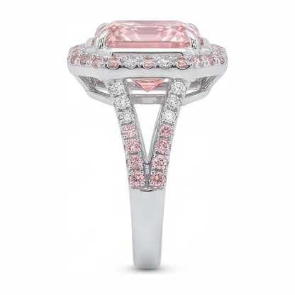 5.5 Carat Radiant Pink Lab Grown Diamond and White Diamond Halo Ring 14K White Gold
