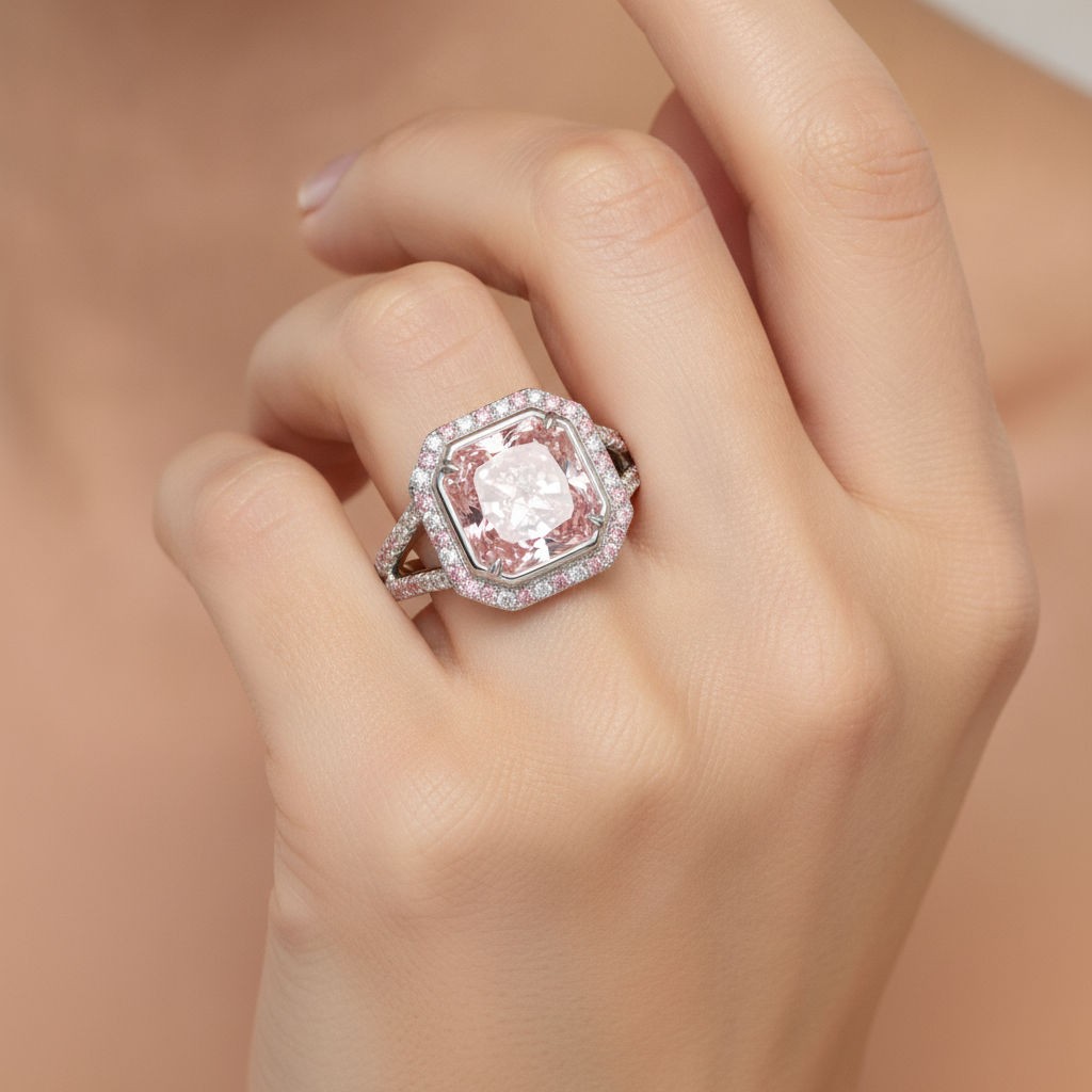 5.5 Carat Radiant Pink Lab Grown Diamond and White Diamond Halo Ring 14K White Gold worn