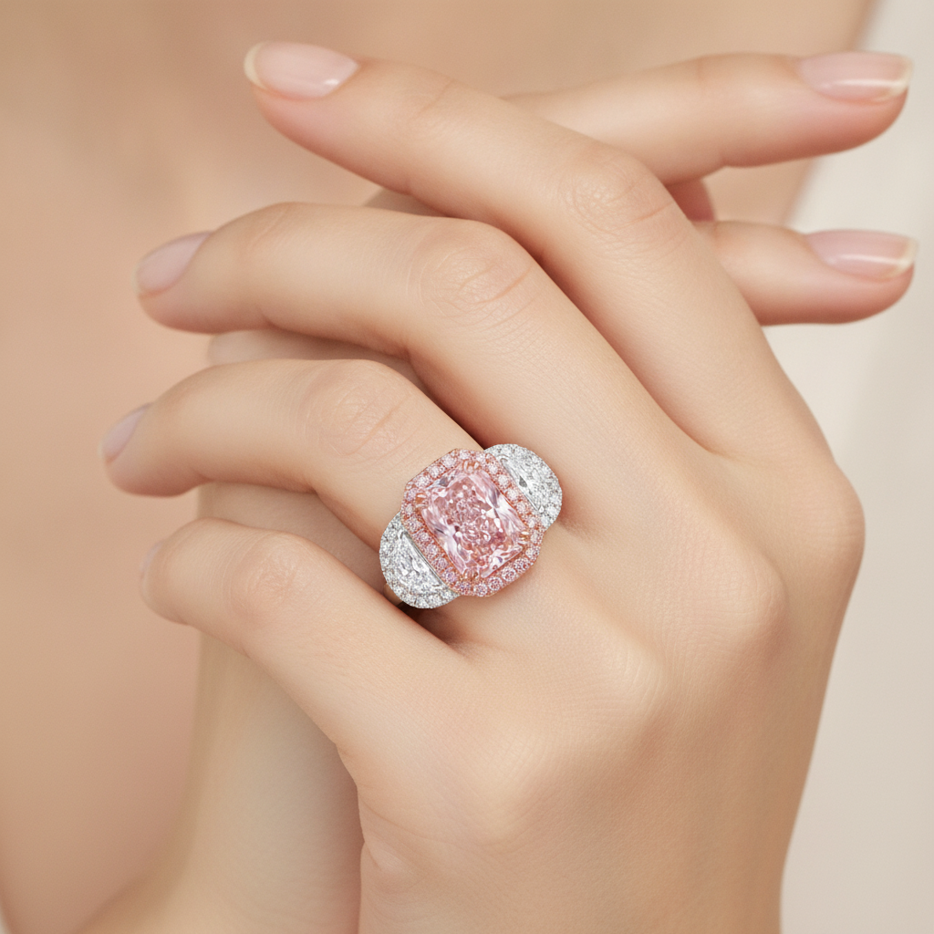 5.5 Carat Radiant Pink Lab Grown Diamond and White Diamond Halo Ring 14K White Gold worn
