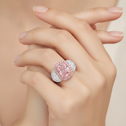 5.5 Carat Radiant Pink Lab Grown Diamond and White Diamond Halo Ring 14K White Gold worn