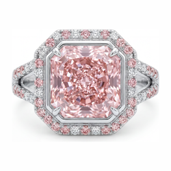 5.5 Carat Radiant Pink Lab Grown Diamond and White Diamond Halo Ring 14K White Gold