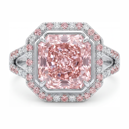 5.5 Carat Radiant Pink Lab Grown Diamond and White Diamond Halo Ring 14K White Gold