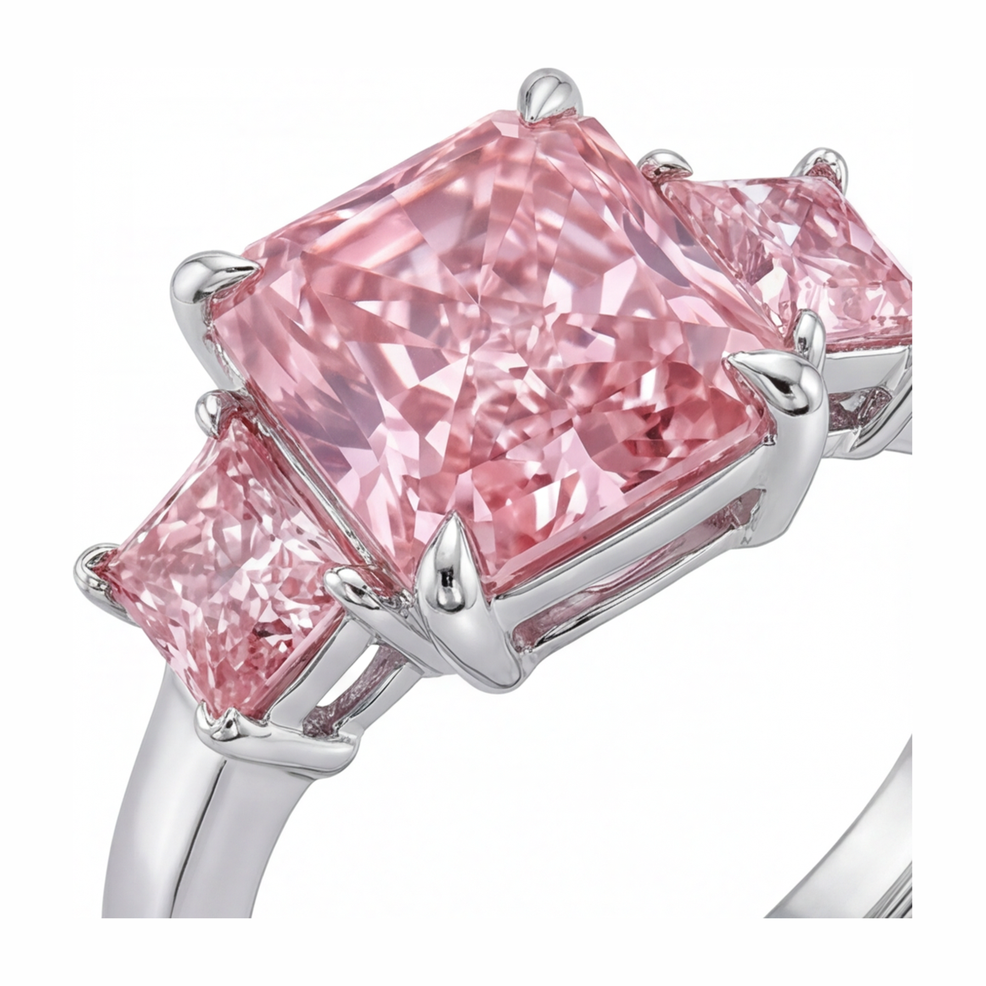 5.5 Carat Radiant Pink Lab Grown Diamond and White Diamond Three Stone Ring 14K White Gold