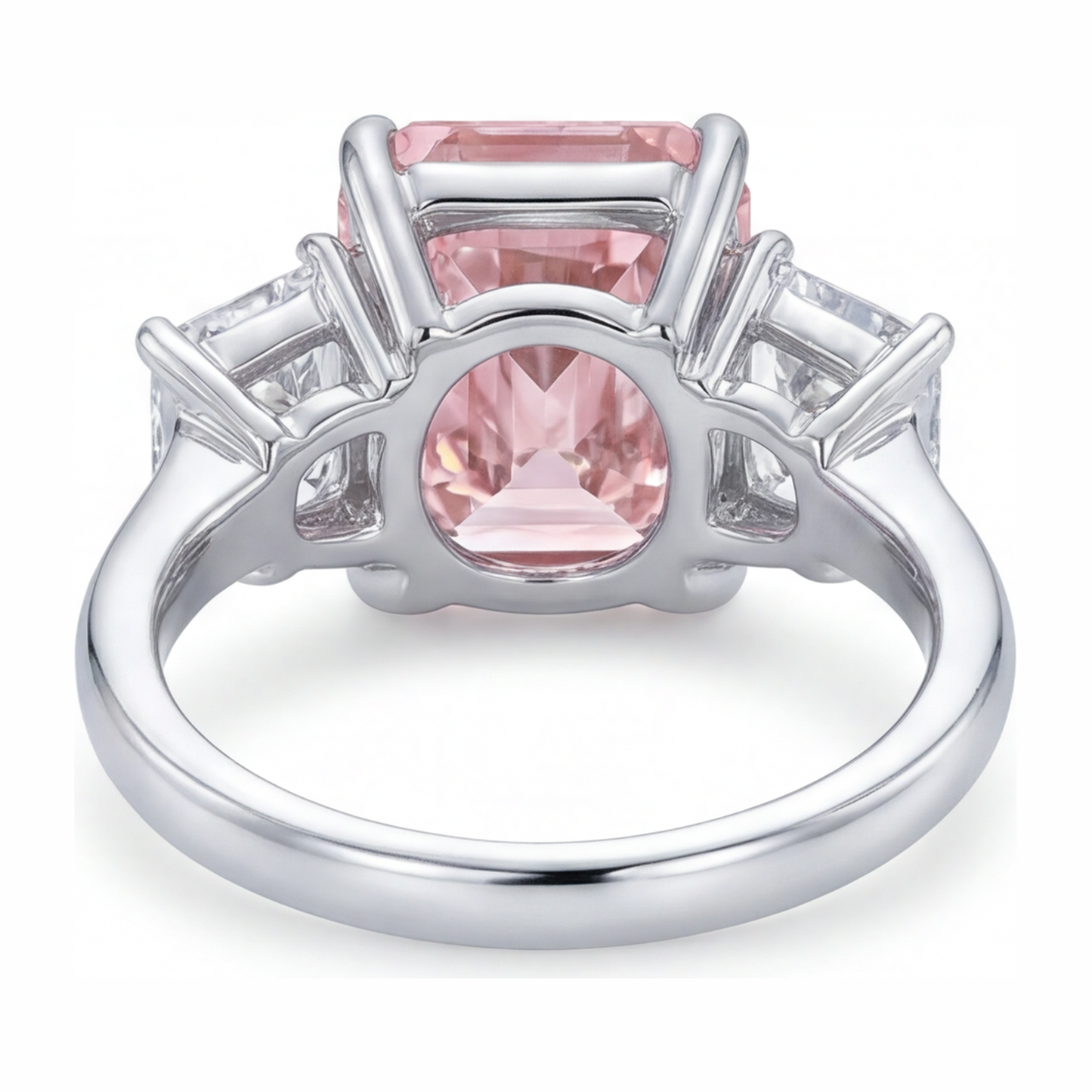 5.5 Carat Radiant Pink Lab Grown Diamond and White Diamond Three Stone Ring 14K White Gold