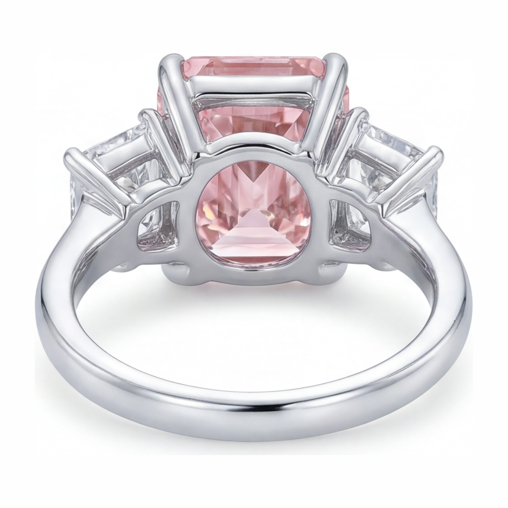 5.5 Carat Radiant Pink Lab Grown Diamond and White Diamond Three Stone Ring 14K White Gold
