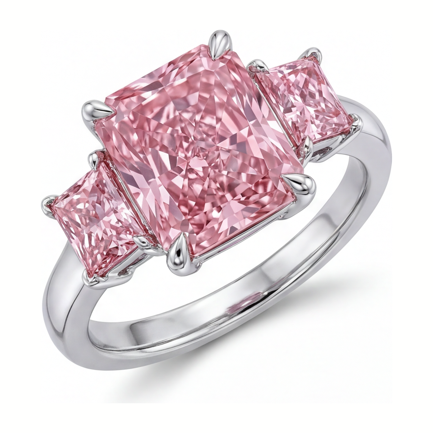 5.5 Carat Radiant Pink Lab Grown Diamond and White Diamond Three Stone Ring 14K White Gold