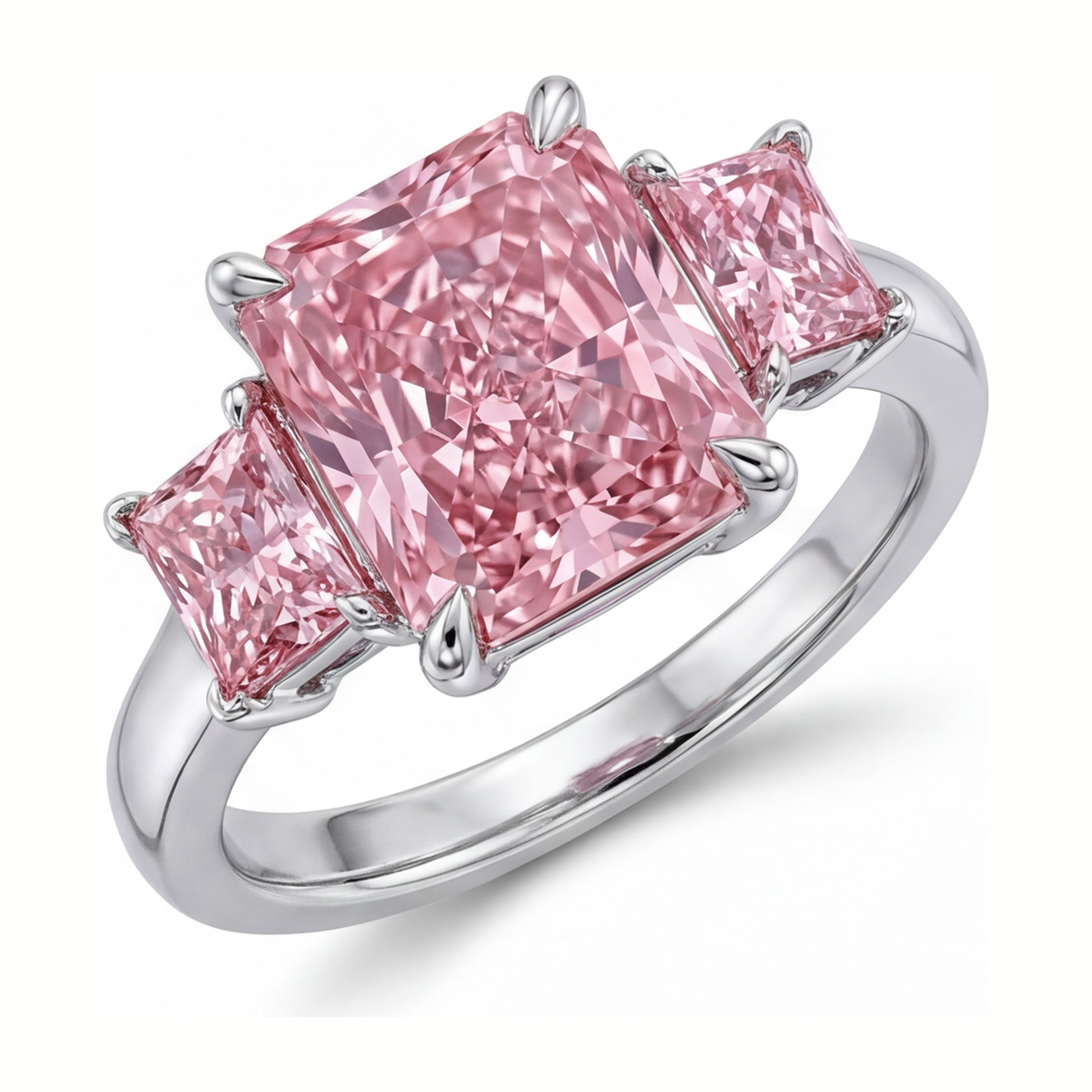 5.5 Carat Radiant Pink Lab Grown Diamond and White Diamond Three Stone Ring 14K White Gold