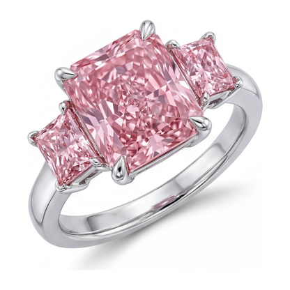 5.5 Carat Radiant Pink Lab Grown Diamond and White Diamond Three Stone Ring 14K White Gold