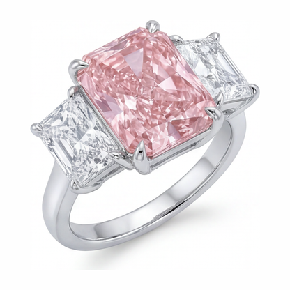 5.5 Carat Radiant Pink Lab Grown Diamond and White Diamond Three Stone Ring 14K White Gold