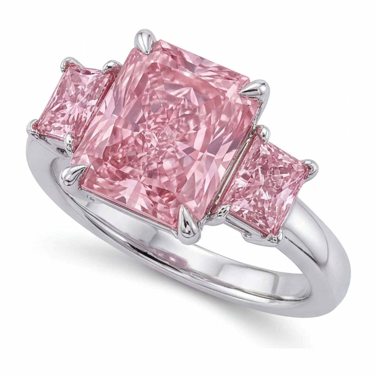 5.5 Carat Radiant Pink Lab Grown Diamond and White Diamond Three Stone Ring 14K White Gold