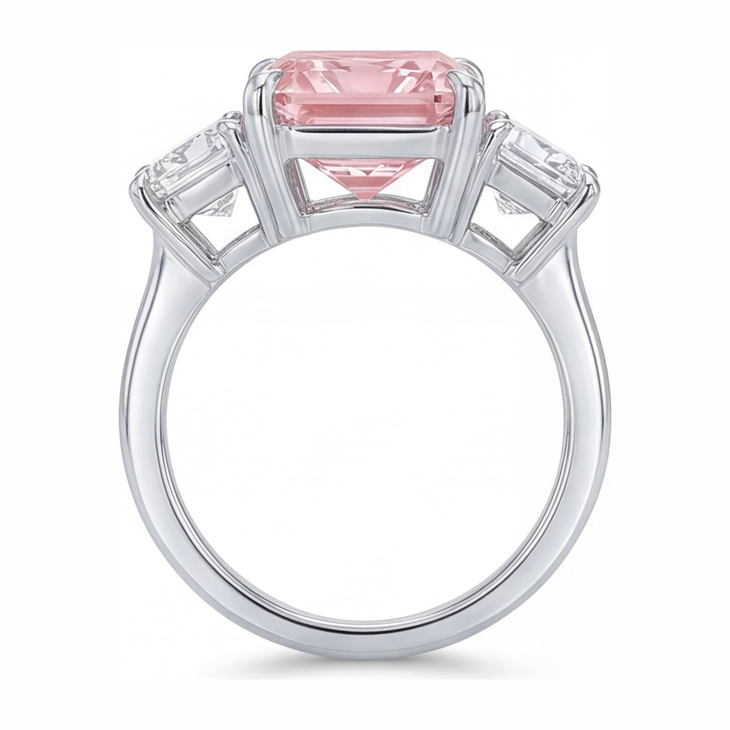 5.5 Carat Radiant Pink Lab Grown Diamond and White Diamond Three Stone Ring 14K White Gold
