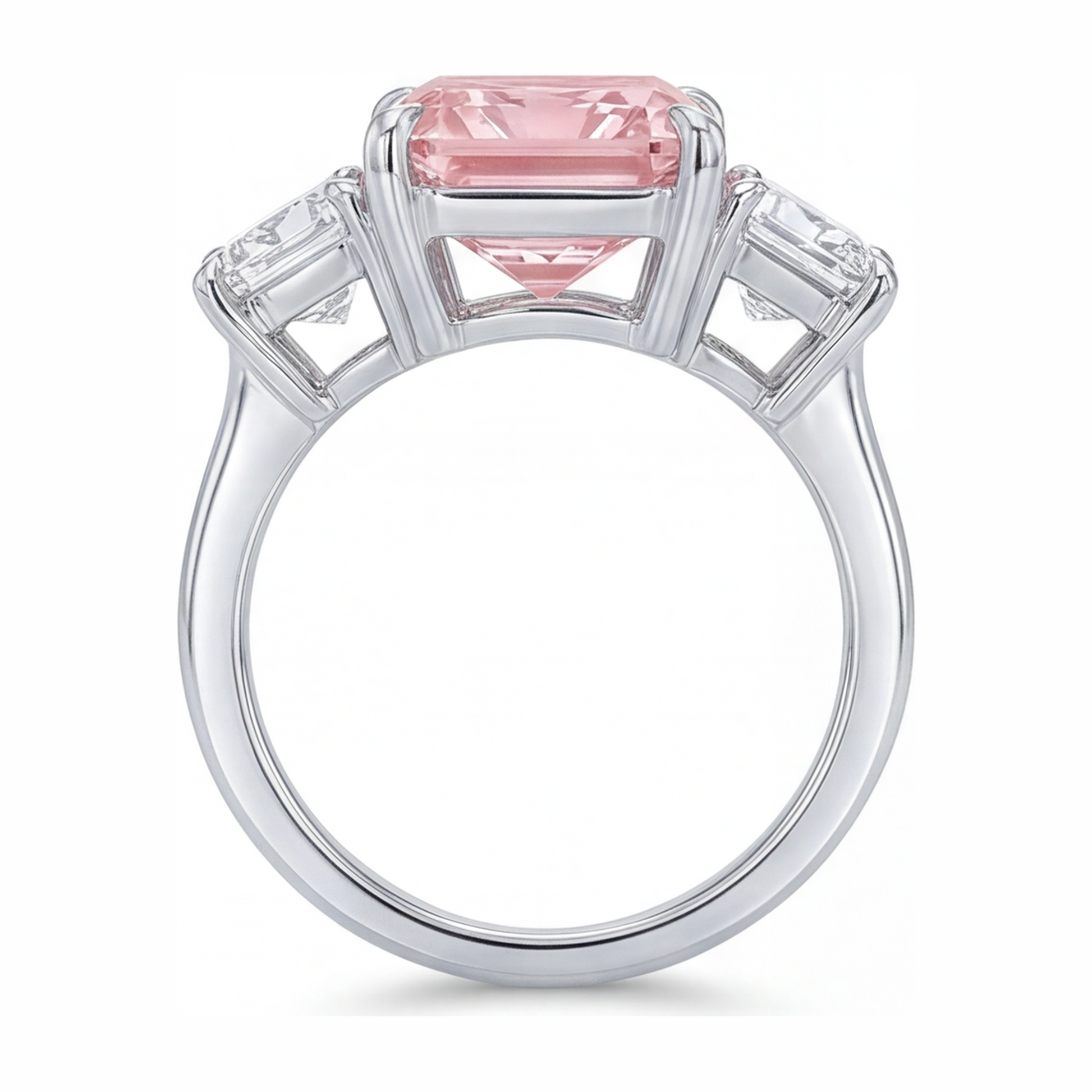 5.5 Carat Radiant Pink Lab Grown Diamond and White Diamond Three Stone Ring 14K White Gold