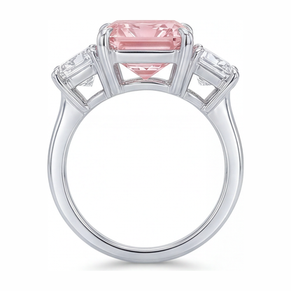 5.5 Carat Radiant Pink Lab Grown Diamond and White Diamond Three Stone Ring 14K White Gold